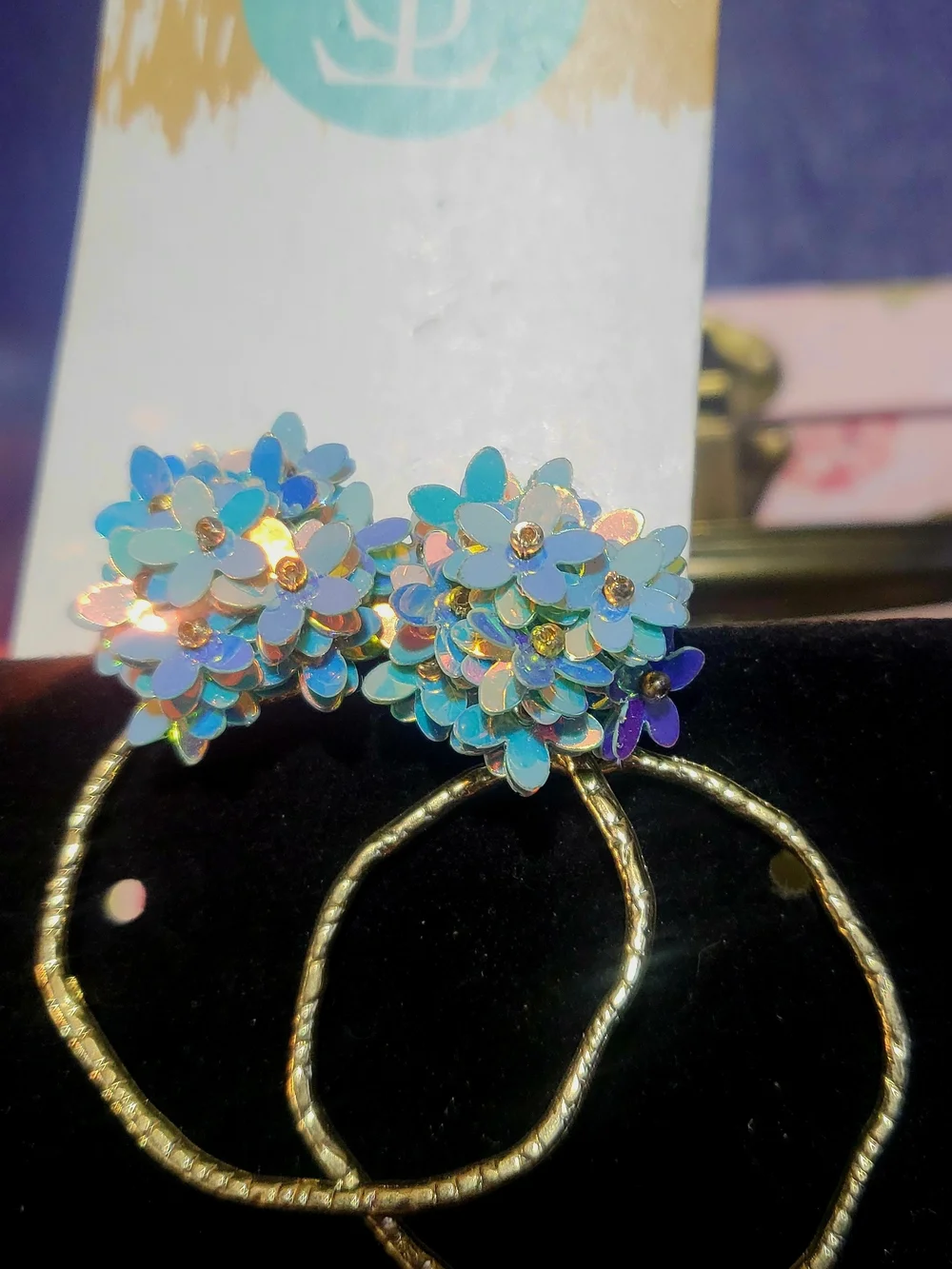 Josephines Blue Sequin Floral Bouquet Hoop Earrings | Iridescent 3D Flower Drops